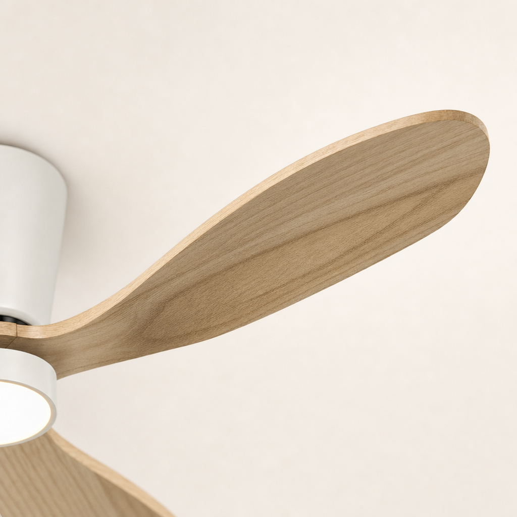 White and Natural Wood Low-Profile Ceiling Fan with Light - FAN923-B-03 — blade material edge close-up