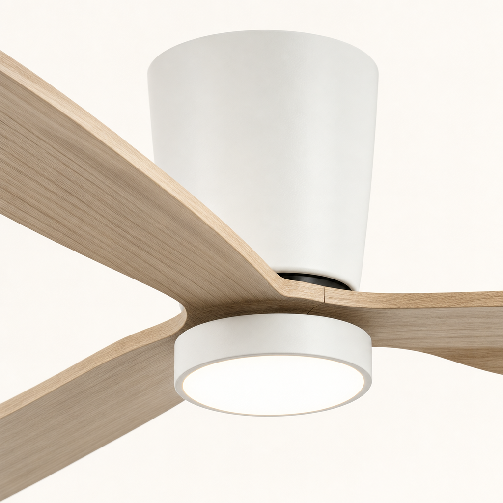 White and Natural Wood Low-Profile Ceiling Fan with Light - FAN923-B-03 — housing blade joint close-up