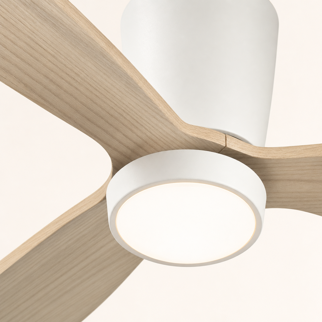 White and Natural Wood Low-Profile Ceiling Fan with Light - FAN923-B-03 — light diffuser trim close-up