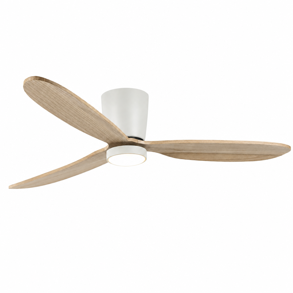 White and Natural Wood Low-Profile Ceiling Fan with Light - FAN923-B-03 — exact product on a seamless pure white background