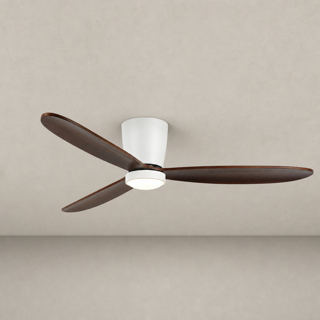 White and Walnut Low-Profile Ceiling Fan with Light - FAN923-B-04 — White + Walnut Blades clean installed product view on a warm neutral ceiling background
