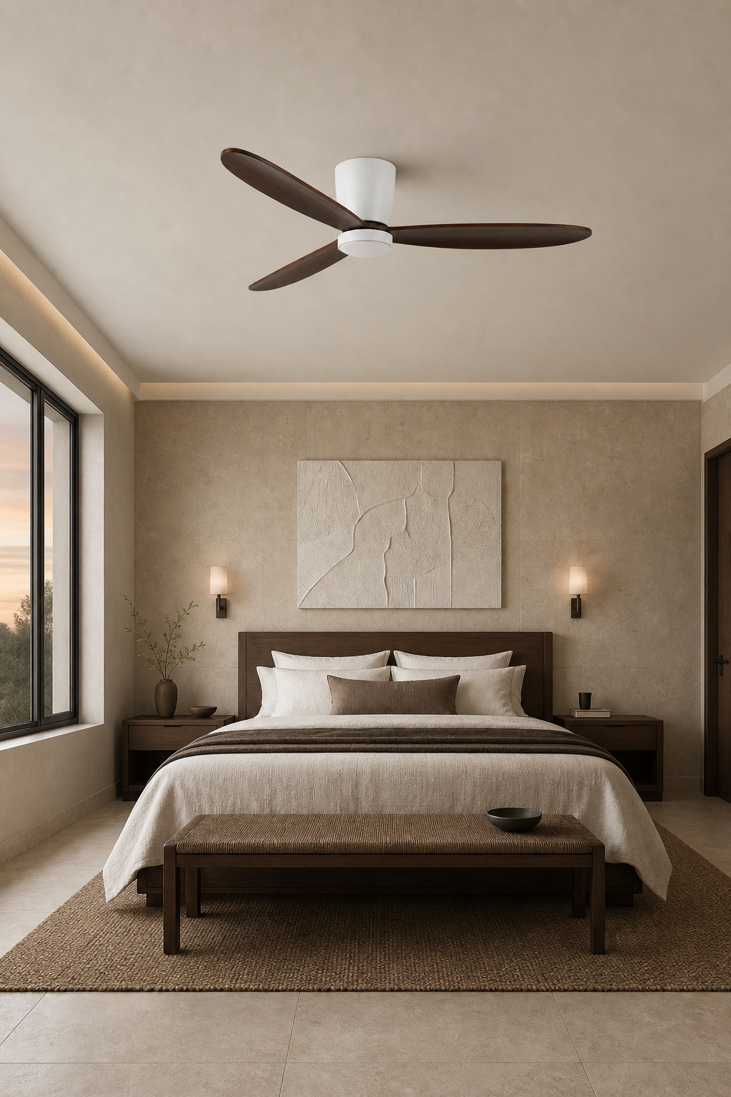 White and Walnut Low-Profile Ceiling Fan with Light - FAN923-B-04 — guest suite room scene