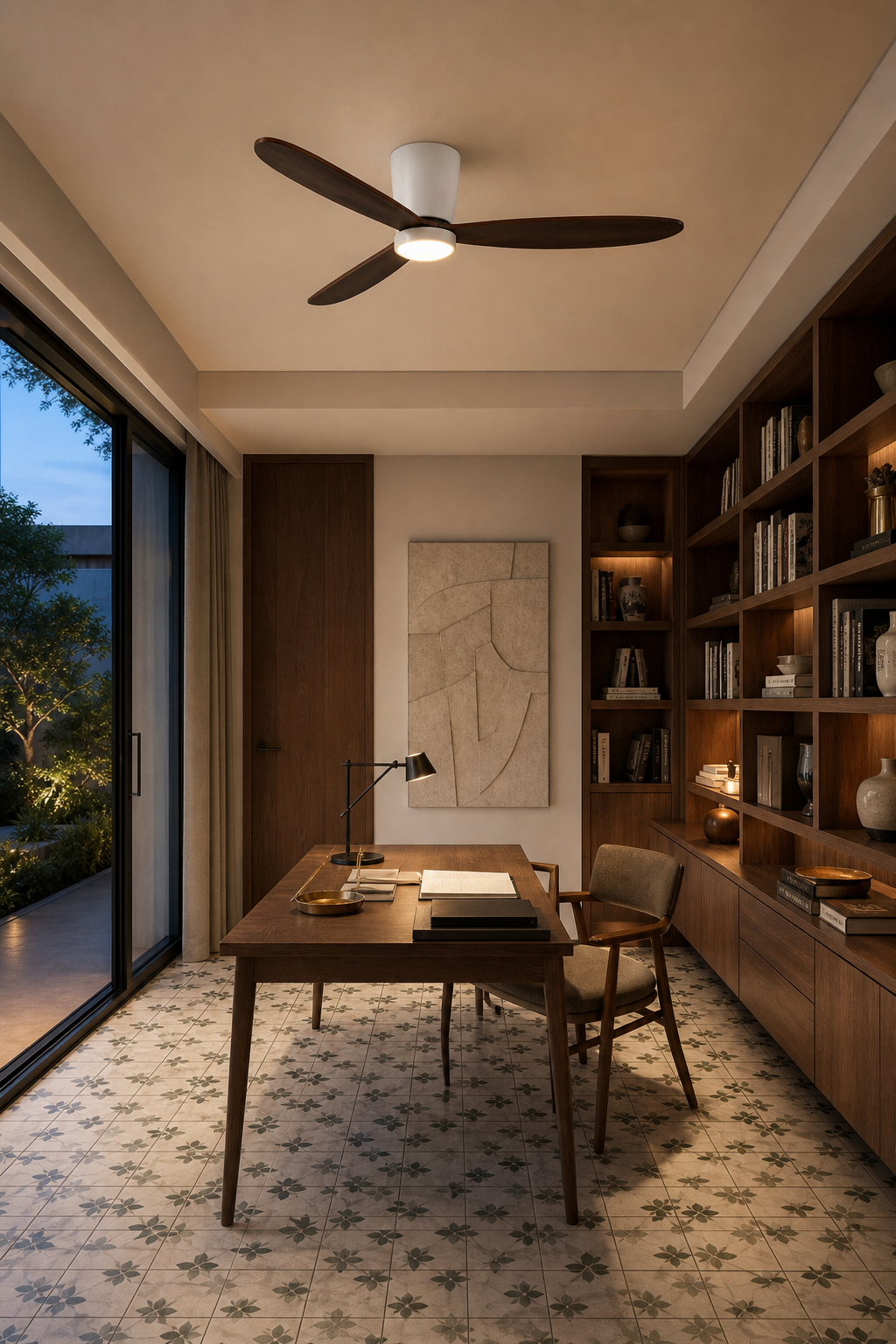 White and Walnut Low-Profile Ceiling Fan with Light - FAN923-B-04 — library study room scene