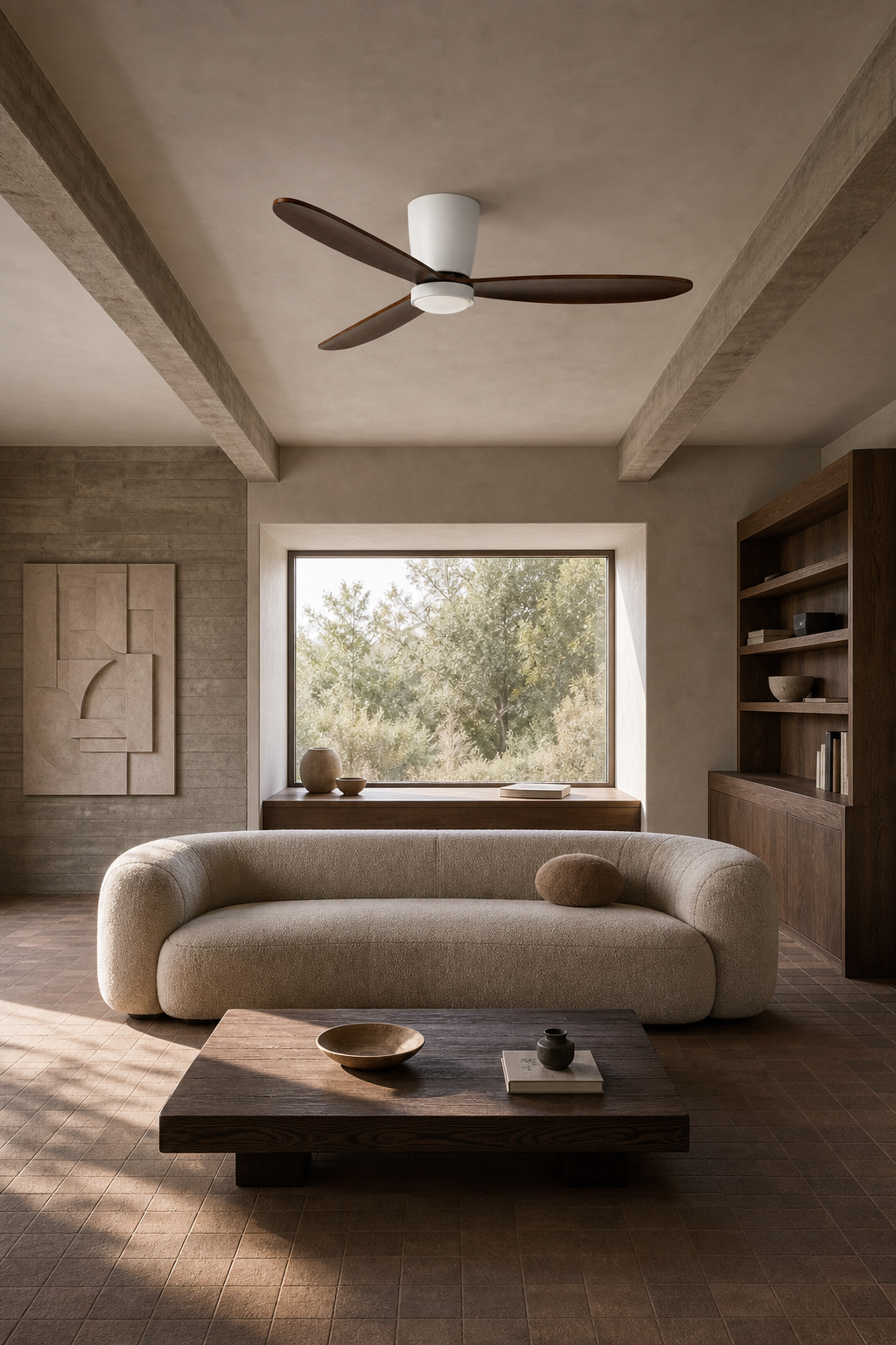 White and Walnut Low-Profile Ceiling Fan with Light - FAN923-B-04 — brutalist living room scene