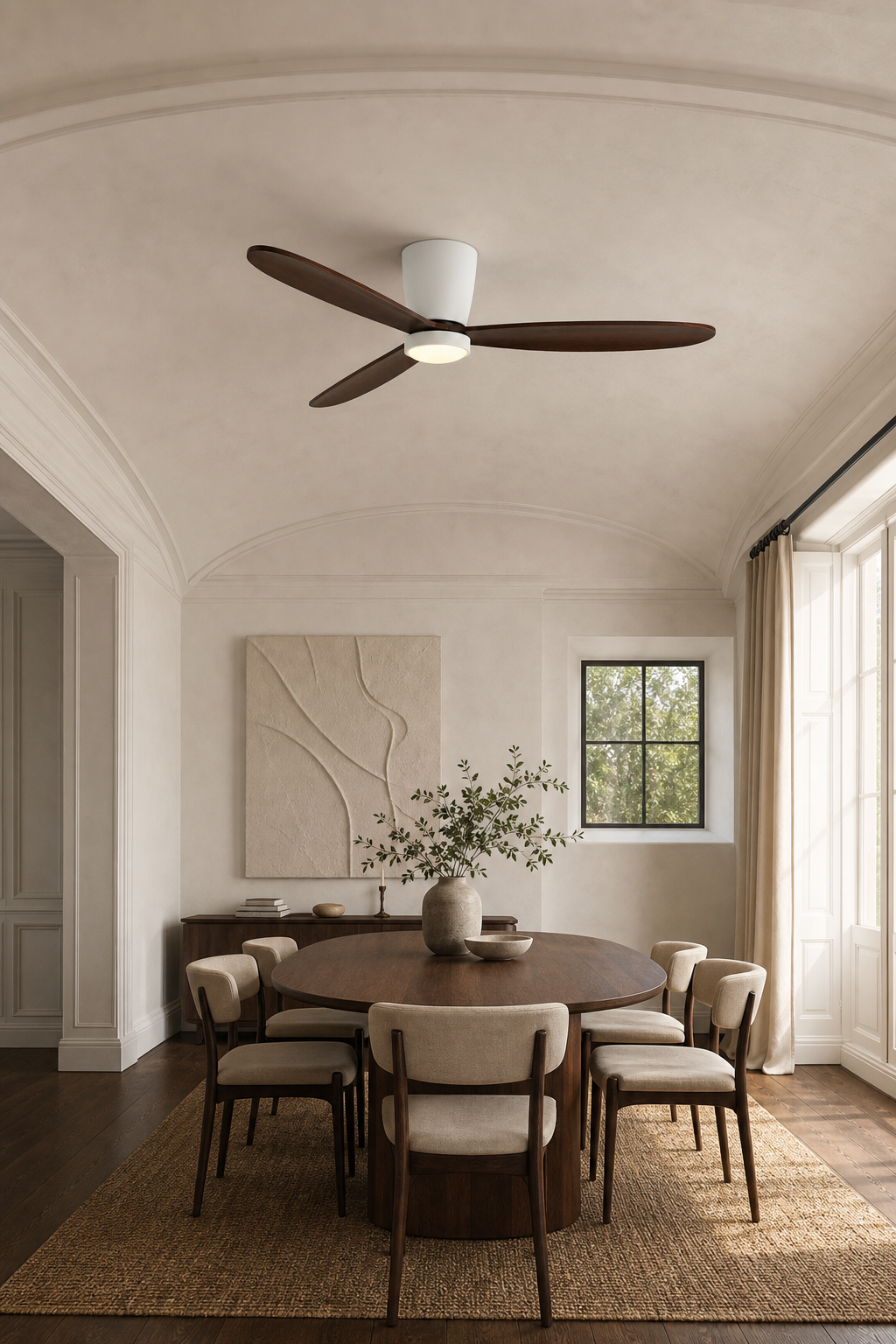 White and Walnut Low-Profile Ceiling Fan with Light - FAN923-B-04 — parisian dining room scene