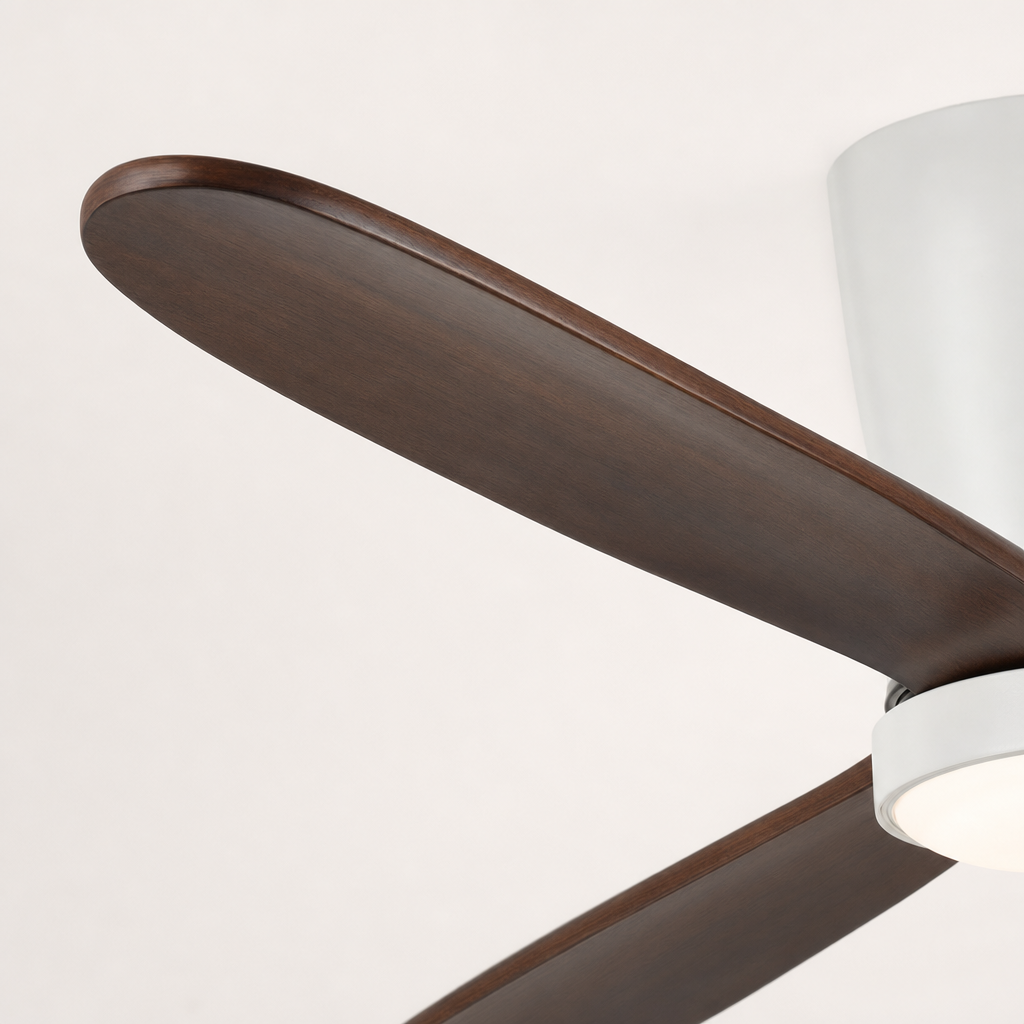 White and Walnut Low-Profile Ceiling Fan with Light - FAN923-B-04 — blade material edge close-up