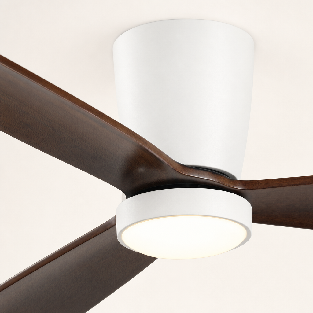 White and Walnut Low-Profile Ceiling Fan with Light - FAN923-B-04 — housing blade joint close-up