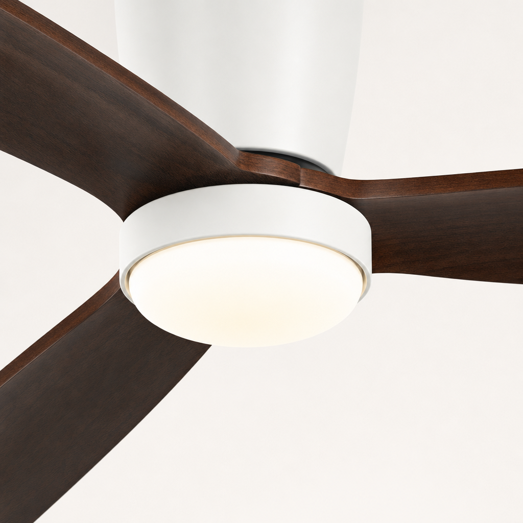 White and Walnut Low-Profile Ceiling Fan with Light - FAN923-B-04 — light diffuser trim close-up