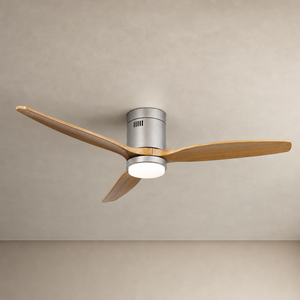Satin Nickel Low-Profile Ceiling Fan with Light - FAN924-01 — Satin Nickel + Natural Wood Blades clean installed product view on a warm neutral ceiling background
