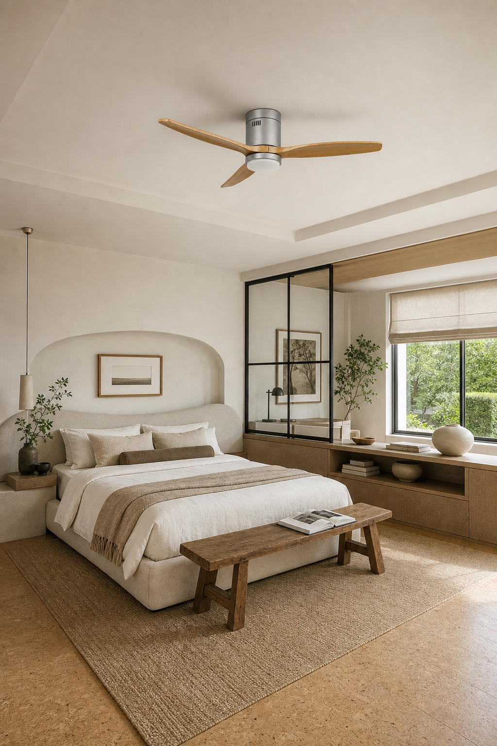Satin Nickel Low-Profile Ceiling Fan with Light - FAN924-01 — serene bedroom room scene