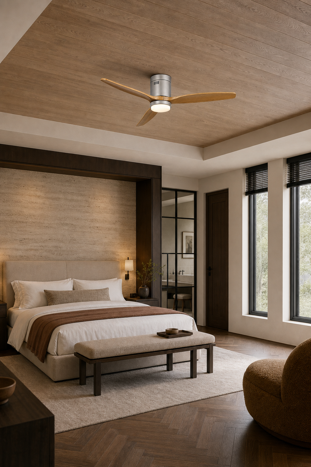 Satin Nickel Low-Profile Ceiling Fan with Light - FAN924-01 — guest suite room scene