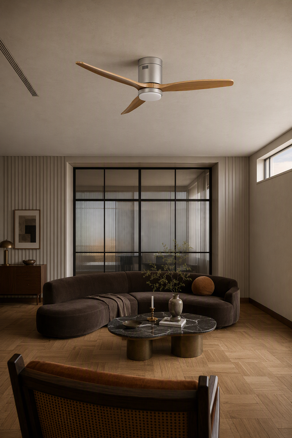 Satin Nickel Low-Profile Ceiling Fan with Light - FAN924-01 — art deco lounge room scene