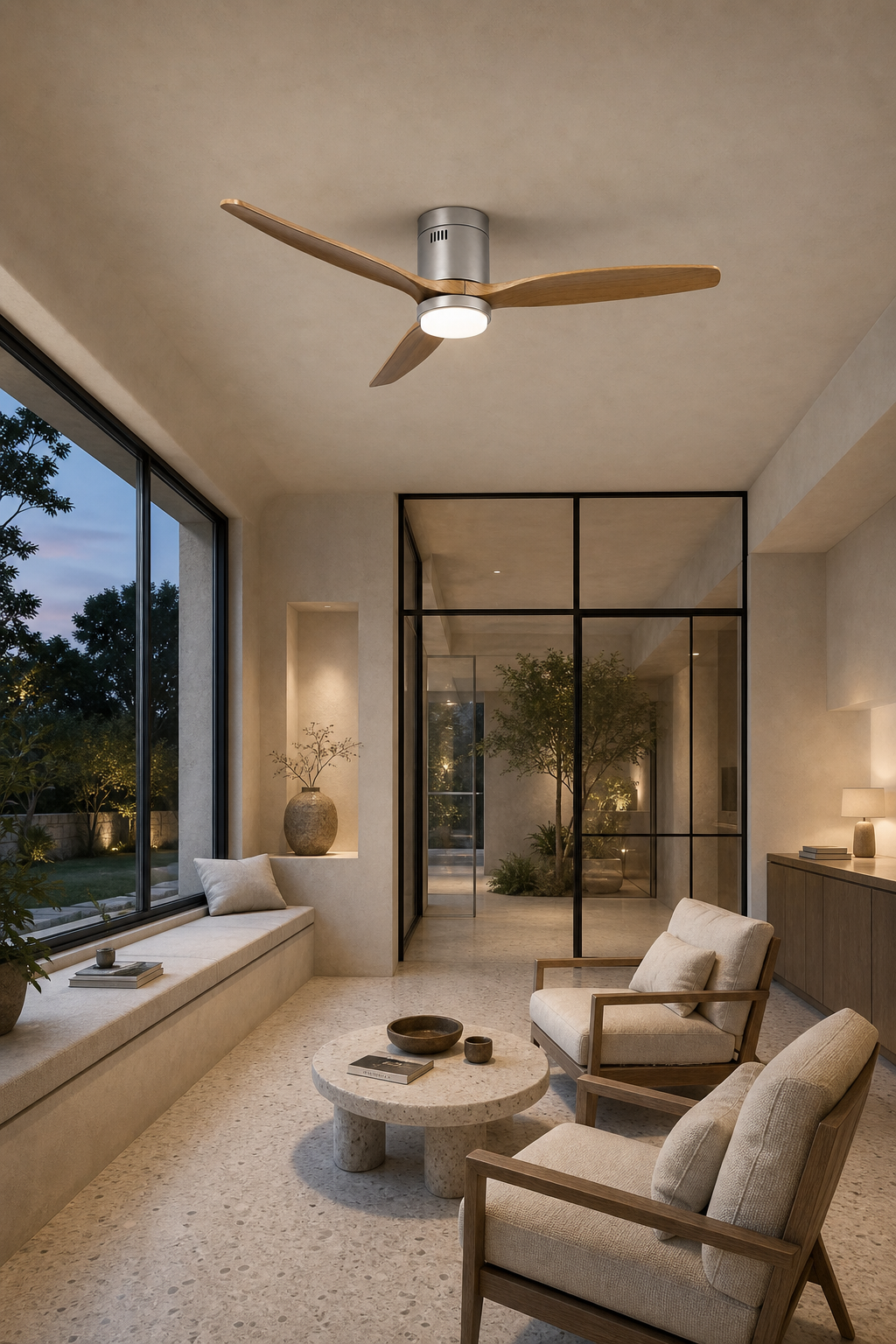 Satin Nickel Low-Profile Ceiling Fan with Light - FAN924-01 — limestone sunroom room scene