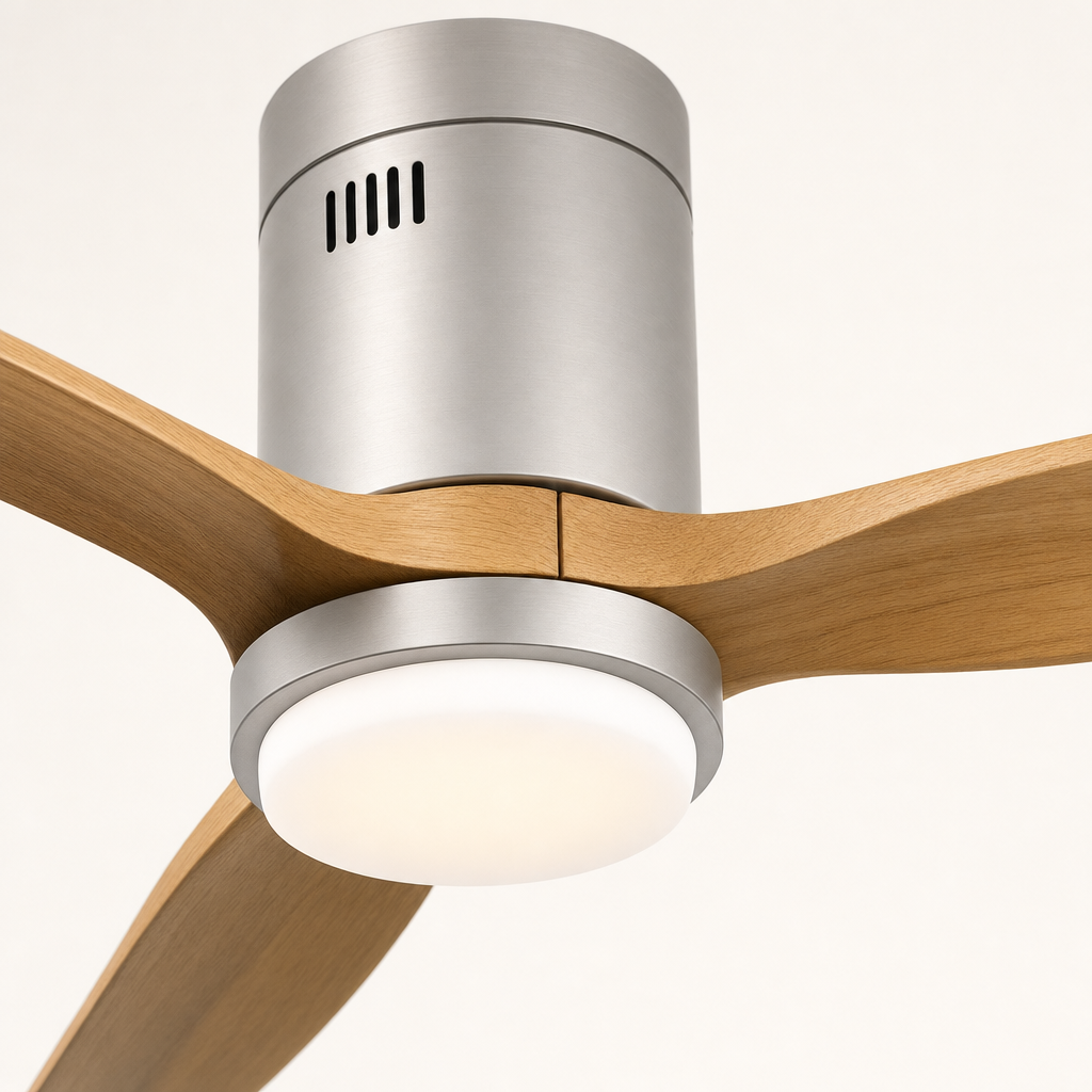 Satin Nickel Low-Profile Ceiling Fan with Light - FAN924-01 — housing blade joint close-up