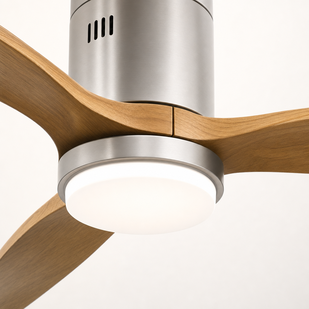 Satin Nickel Low-Profile Ceiling Fan with Light - FAN924-01 — light diffuser trim close-up