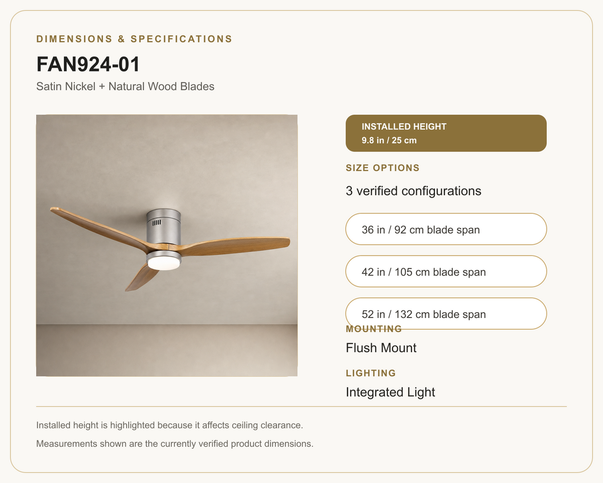 FAN924-01 ceiling fan dimensions and specifications