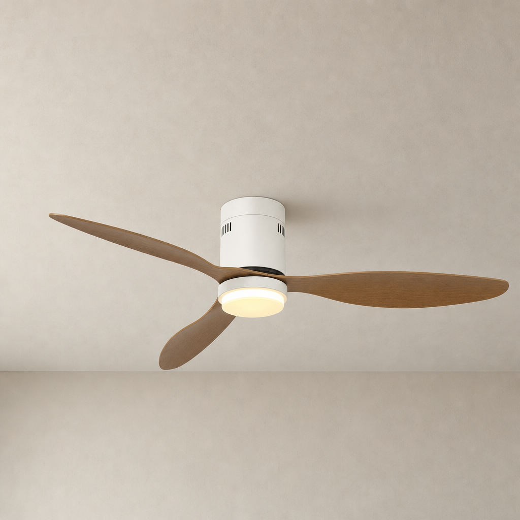 White and Natural Wood-Look Ceiling Fan with Light - FAN925-01 — White + Natural Wood-Look Blades clean installed product view on a warm neutral ceiling background