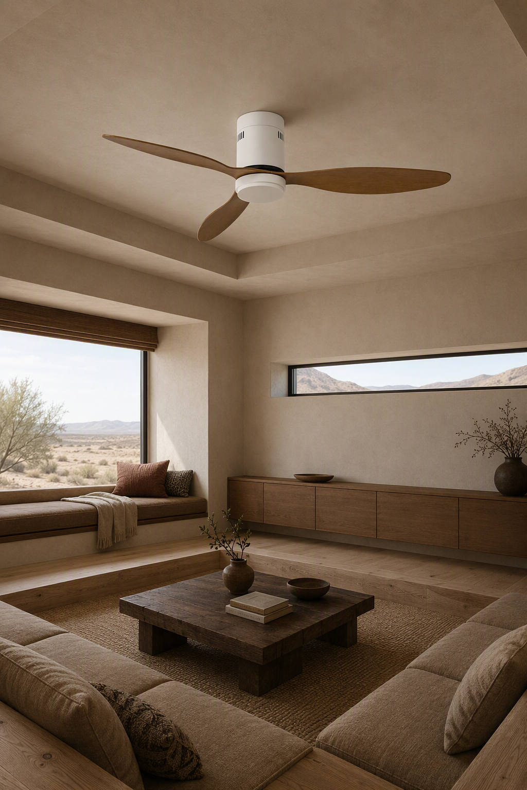 White and Natural Wood-Look Ceiling Fan with Light - FAN925-01 — desert modern living room scene