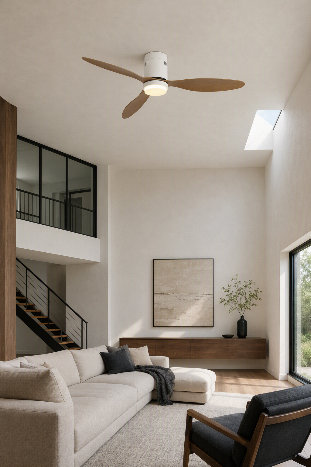 White and Natural Wood-Look Ceiling Fan with Light - FAN925-01 — double height living room scene