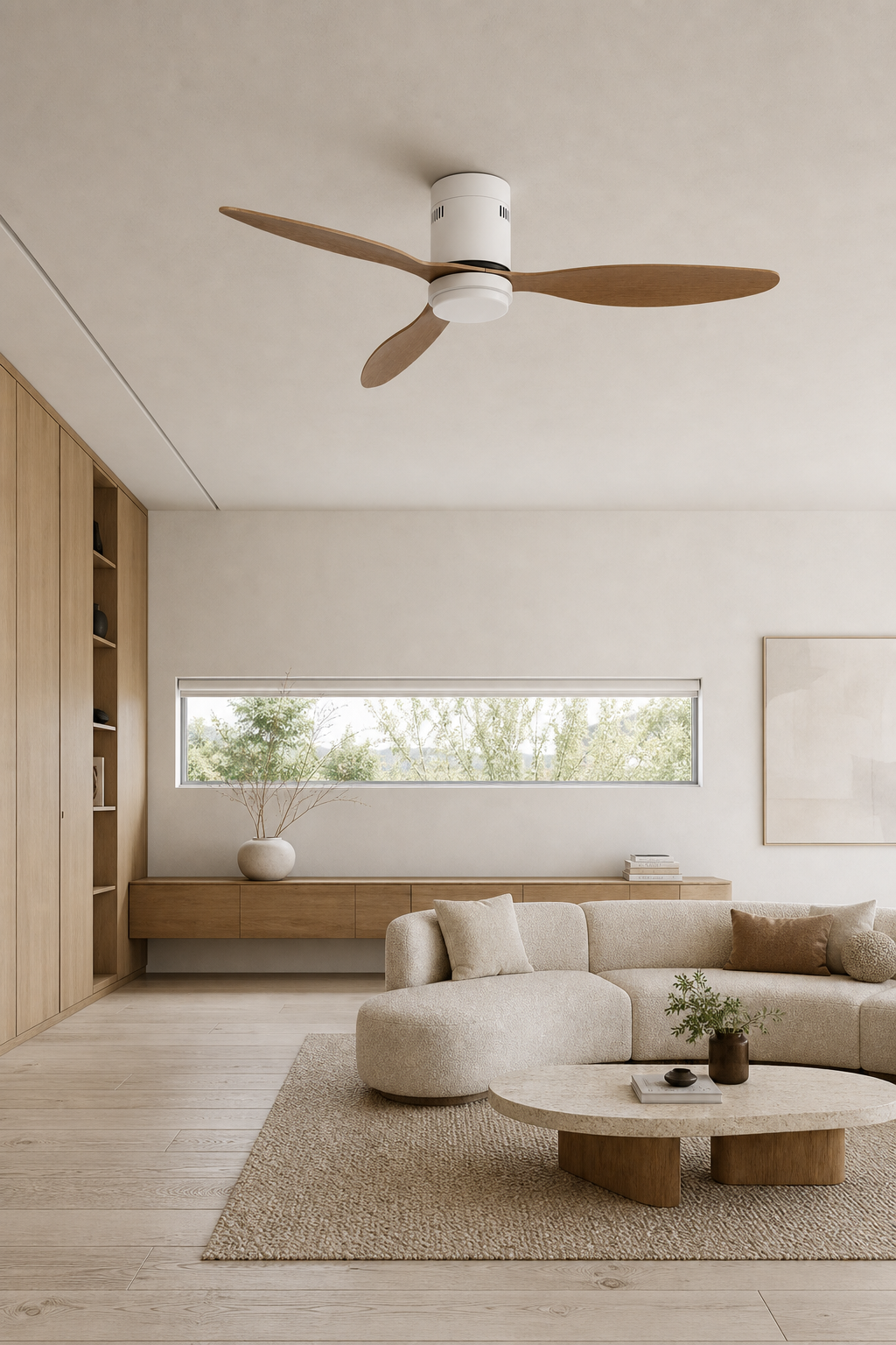 White and Natural Wood-Look Ceiling Fan with Light - FAN925-01 — scandinavian living room scene
