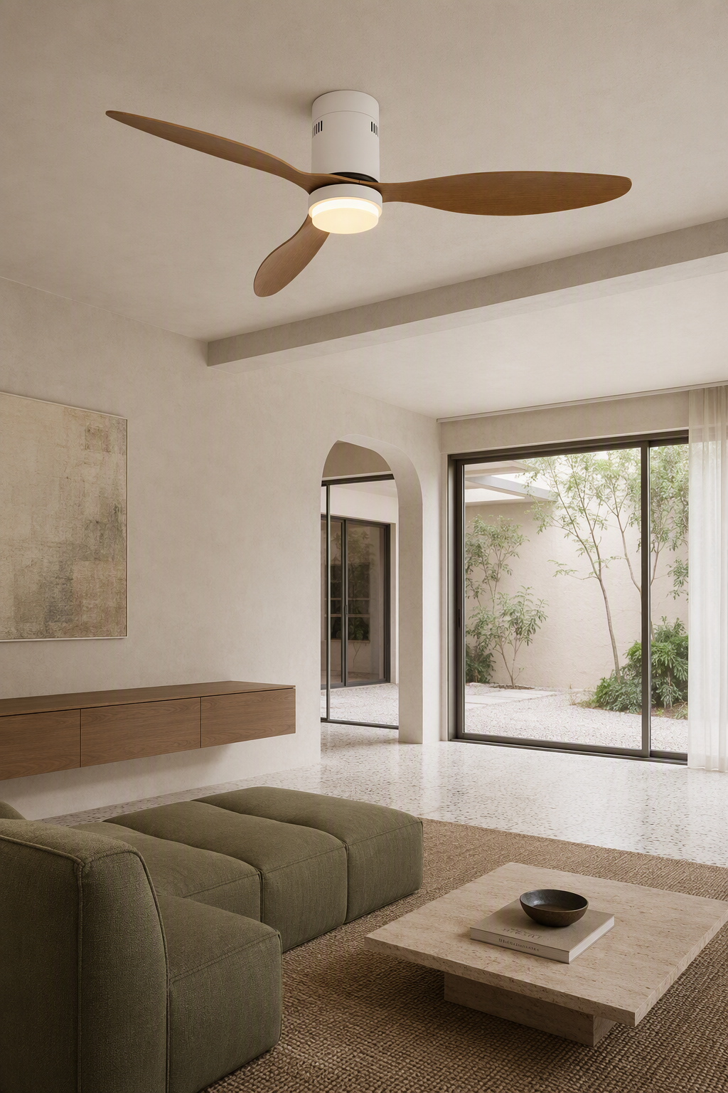 White and Natural Wood-Look Ceiling Fan with Light - FAN925-01 — courtyard lounge room scene