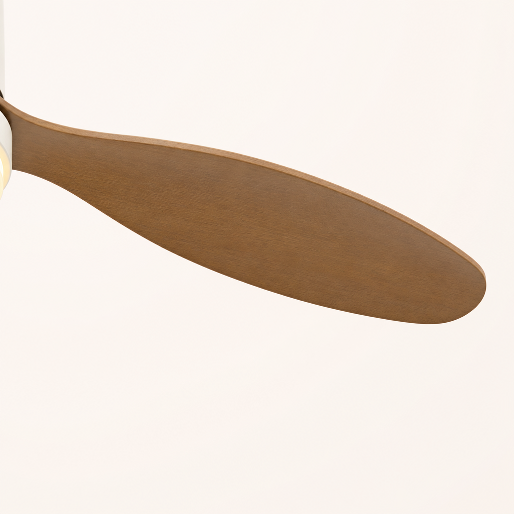 White and Natural Wood-Look Ceiling Fan with Light - FAN925-01 — blade material edge close-up