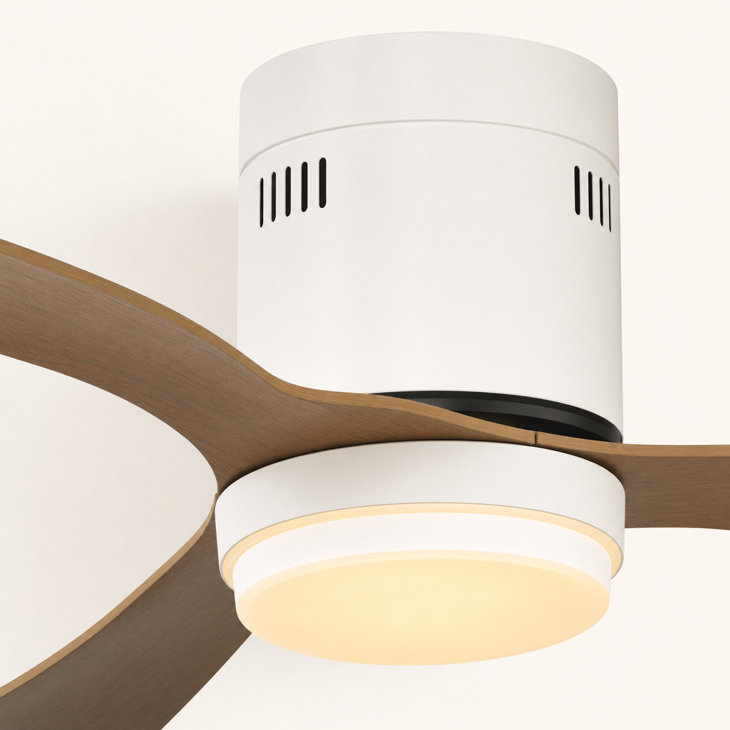 White and Natural Wood-Look Ceiling Fan with Light - FAN925-01 — housing blade joint close-up