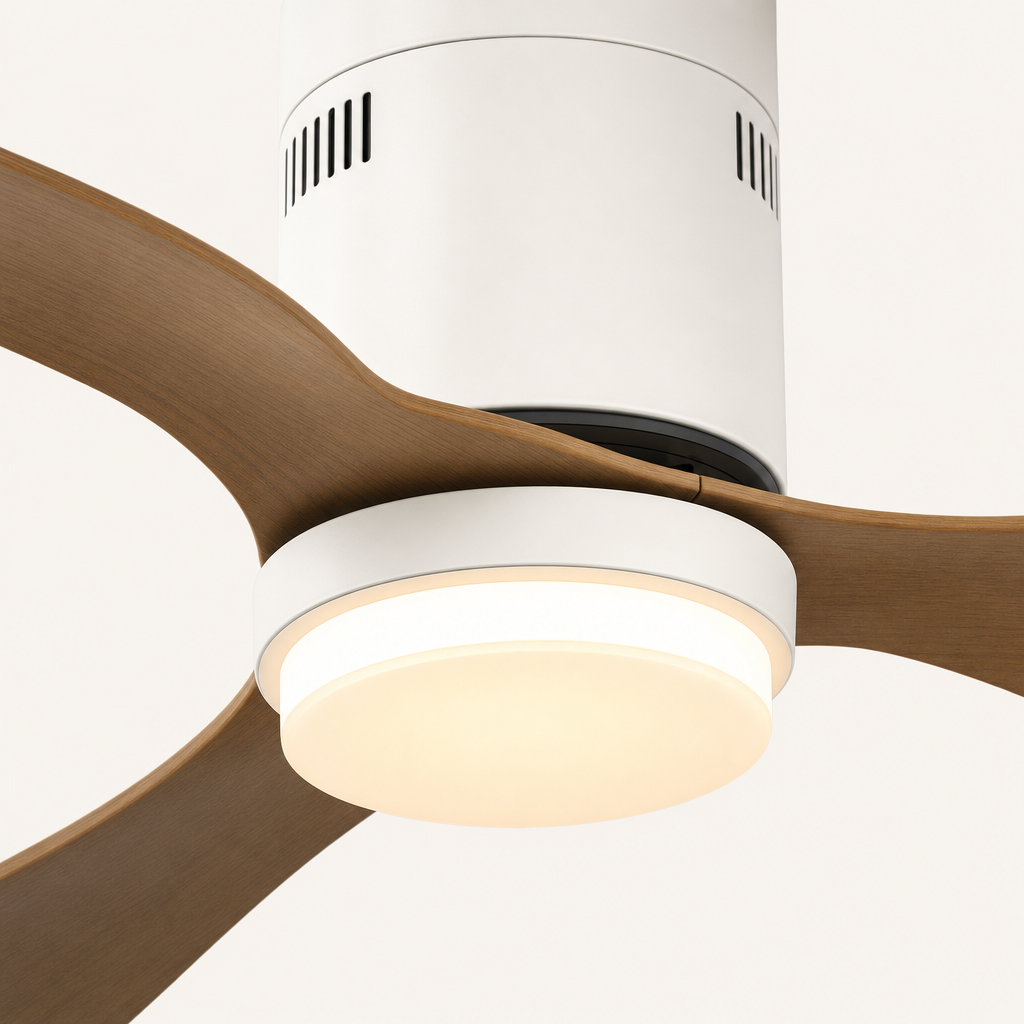 White and Natural Wood-Look Ceiling Fan with Light - FAN925-01 — light diffuser trim close-up