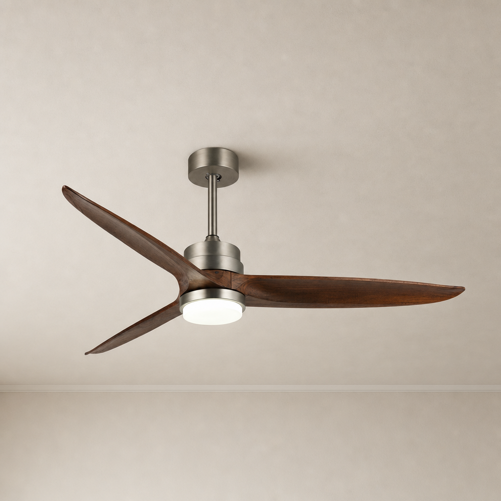 Satin Nickel and Dark Walnut Ceiling Fan with Light - FAN926-A-01 — Satin Nickel + Dark Walnut Blades clean installed product view on a warm neutral ceiling background