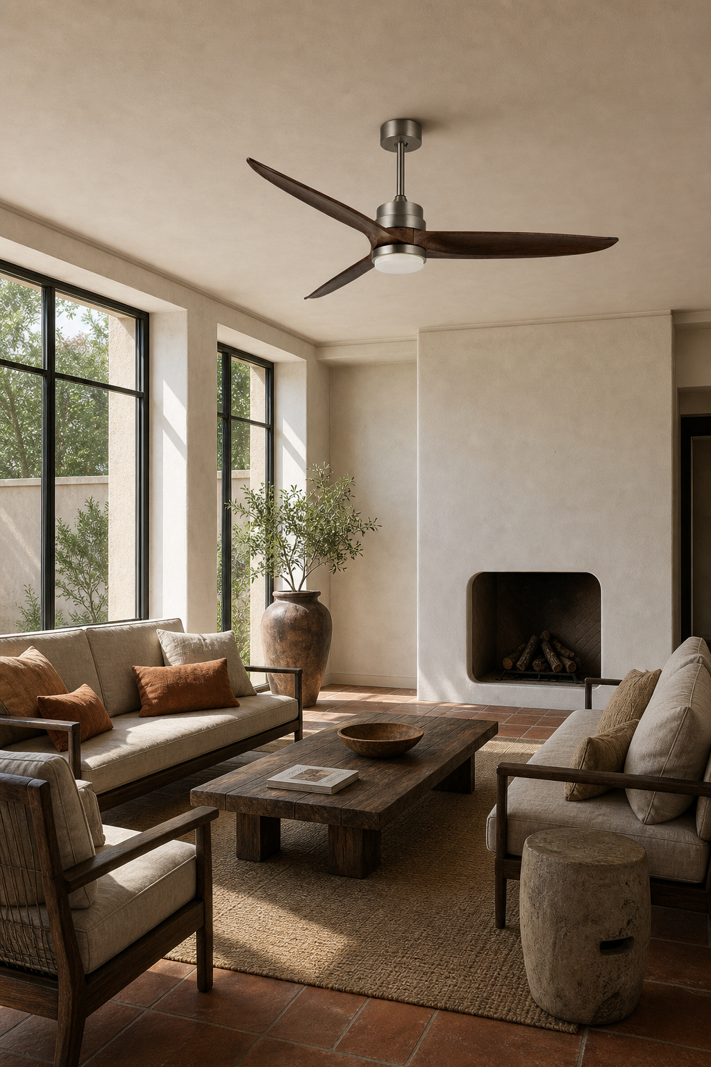 Satin Nickel and Dark Walnut Ceiling Fan with Light - FAN926-A-01 — garden room room scene