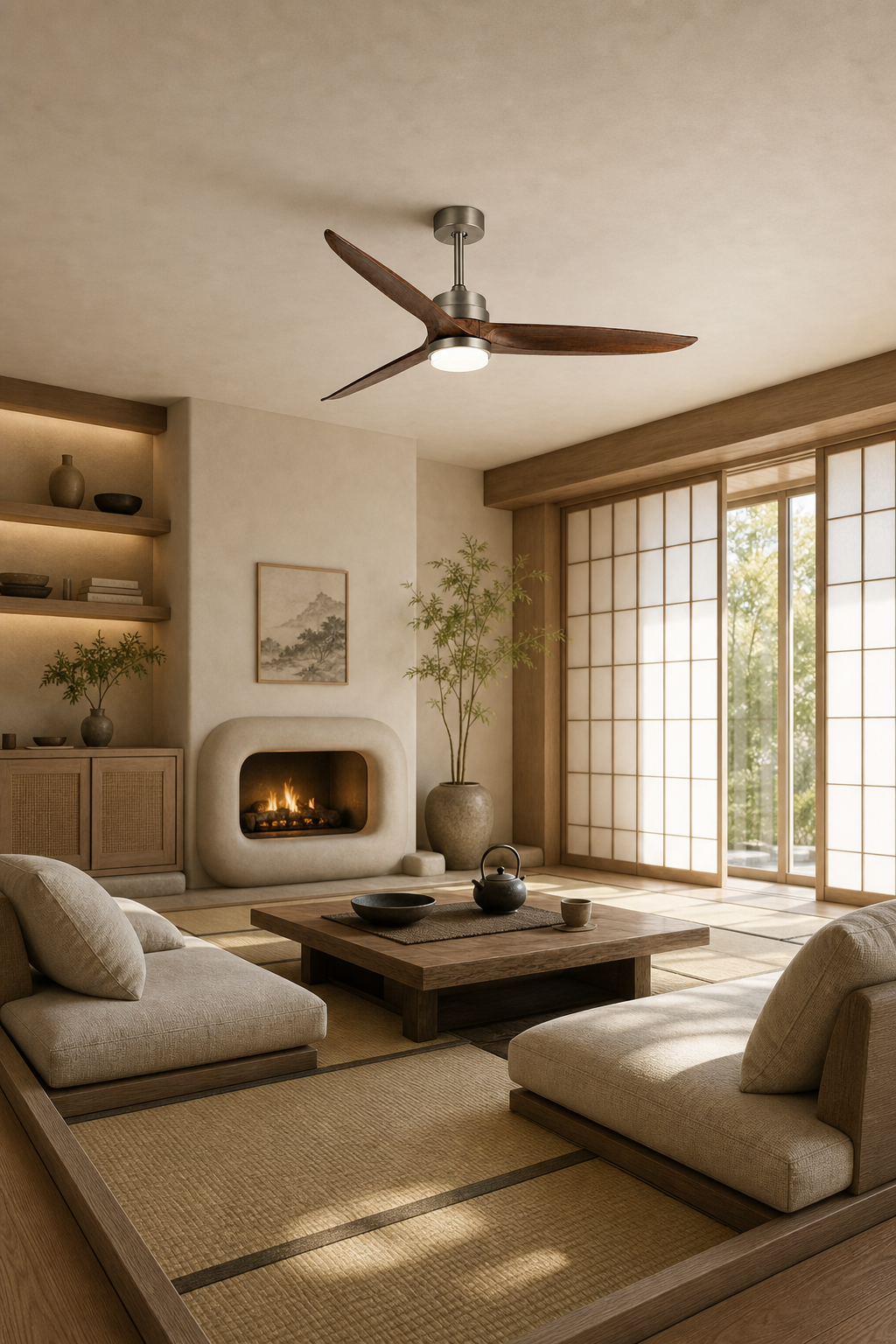 Satin Nickel and Dark Walnut Ceiling Fan with Light - FAN926-A-01 — tatami lounge room scene