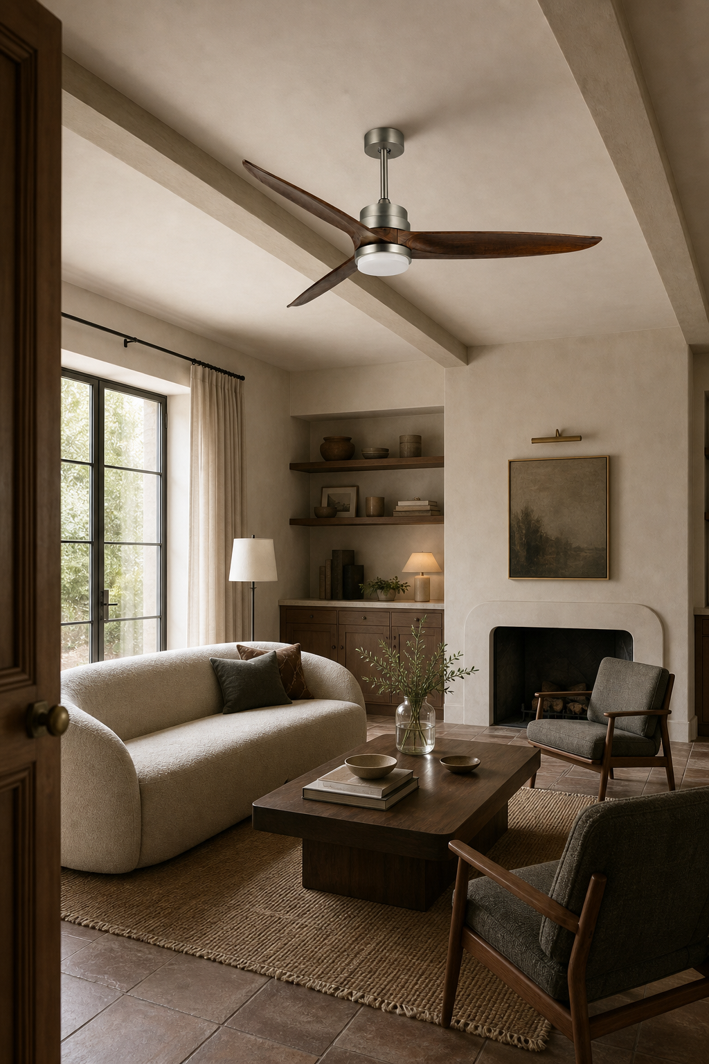 Satin Nickel and Dark Walnut Ceiling Fan with Light - FAN926-A-01 — panelled salon room scene