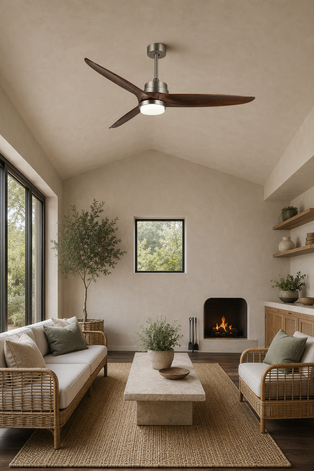 Satin Nickel and Dark Walnut Ceiling Fan with Light - FAN926-A-01 — winter garden room scene