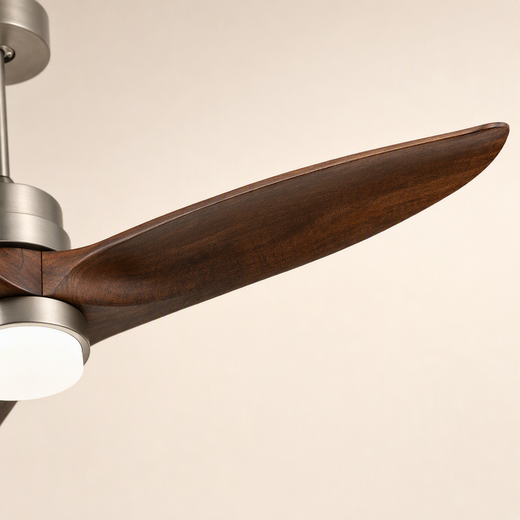 Satin Nickel and Dark Walnut Ceiling Fan with Light - FAN926-A-01 — blade material edge close-up
