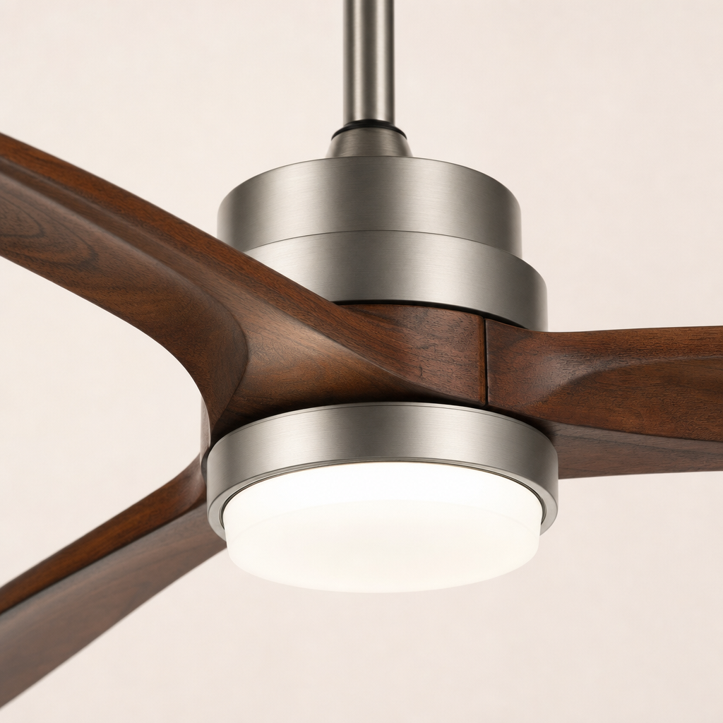 Satin Nickel and Dark Walnut Ceiling Fan with Light - FAN926-A-01 — housing blade joint close-up