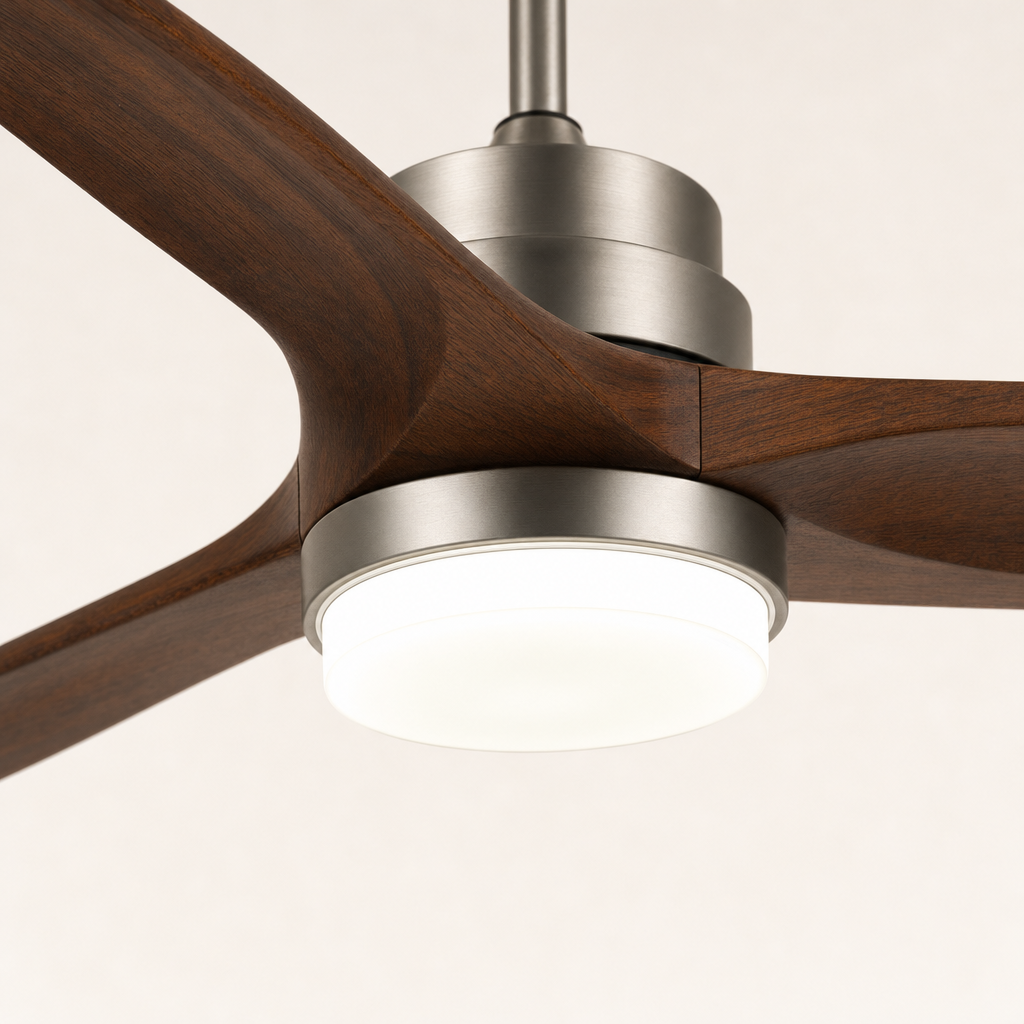 Satin Nickel and Dark Walnut Ceiling Fan with Light - FAN926-A-01 — light diffuser trim close-up