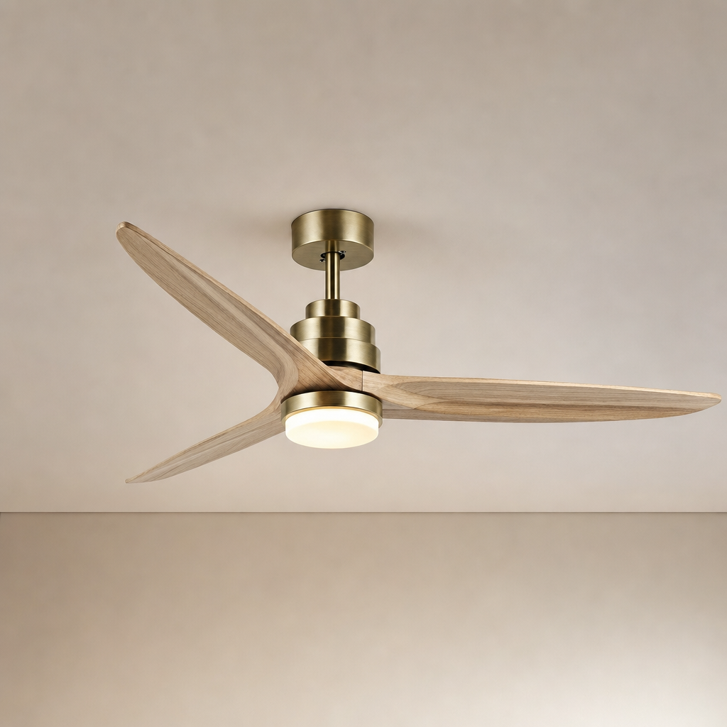 Antique Brass and Natural Wood Ceiling Fan with Light - FAN926-B-01 — Antique Brass + Natural Wood Blades clean installed product view on a warm neutral ceiling background