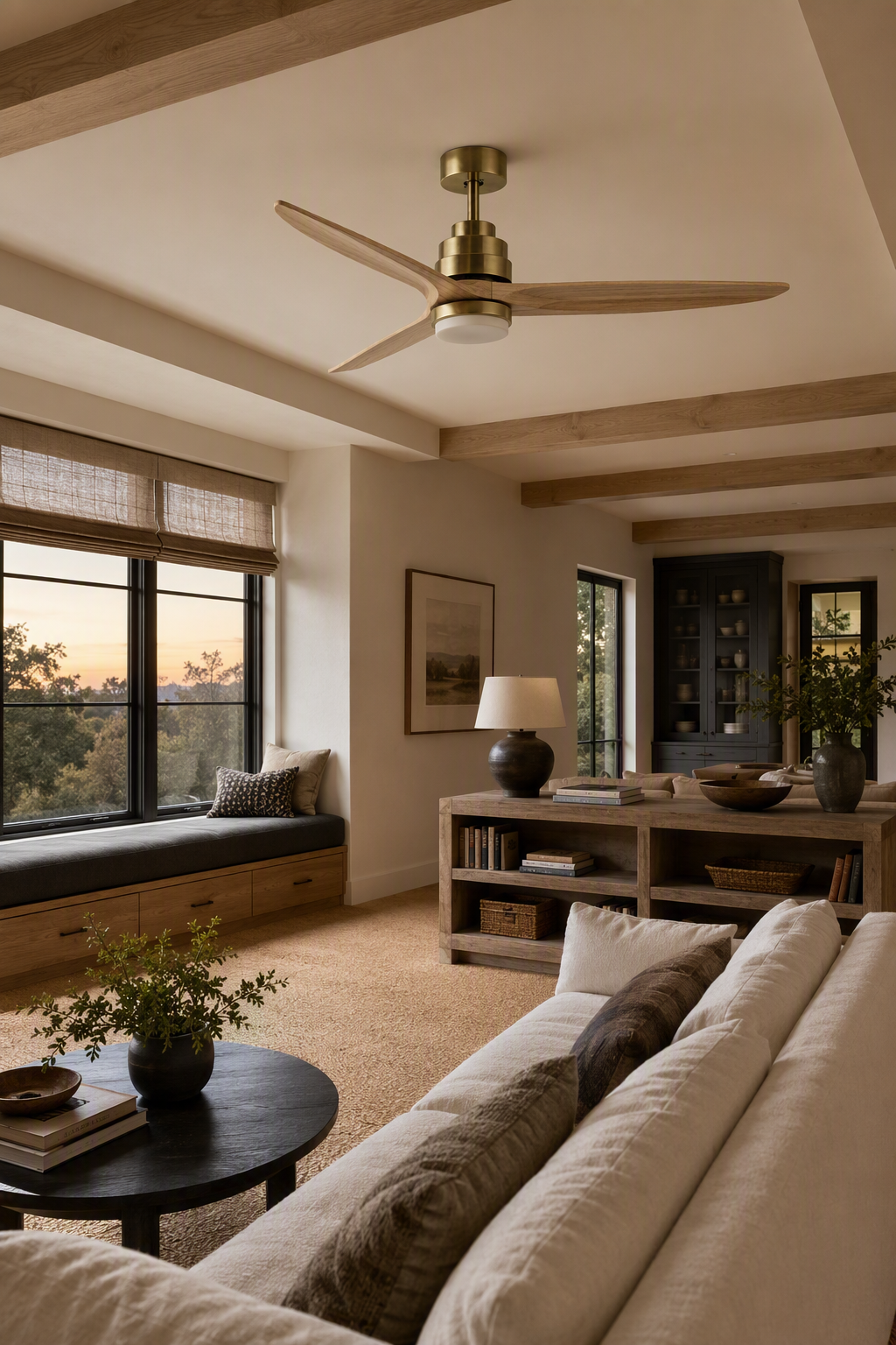 Antique Brass and Natural Wood Ceiling Fan with Light - FAN926-B-01 — farmhouse family room room scene