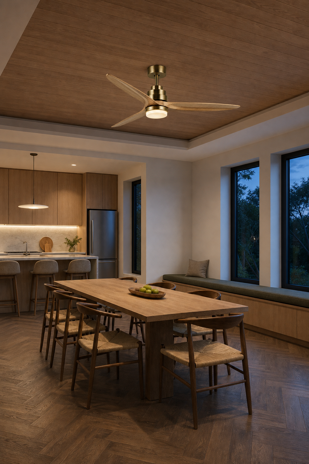 Antique Brass and Natural Wood Ceiling Fan with Light - FAN926-B-01 — open kitchen dining room scene