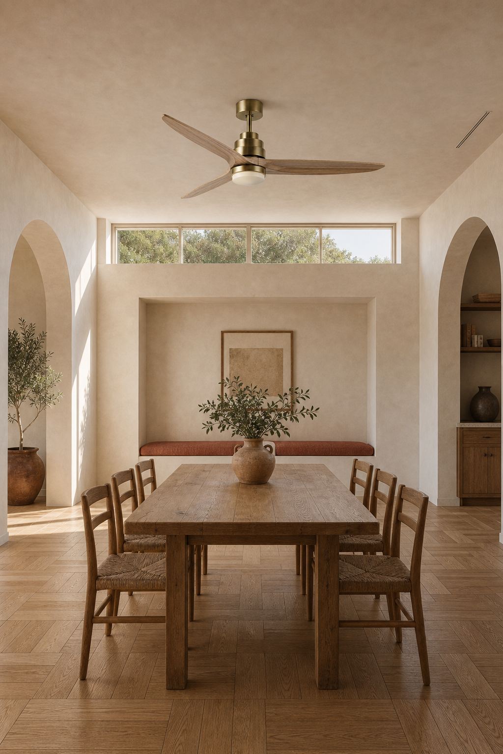 Antique Brass and Natural Wood Ceiling Fan with Light - FAN926-B-01 — mediterranean dining room scene