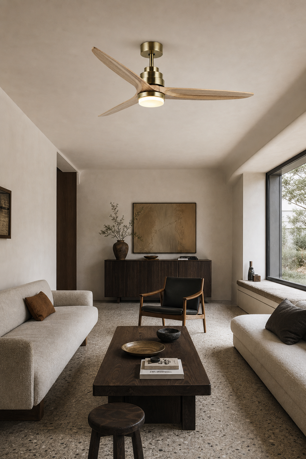 Antique Brass and Natural Wood Ceiling Fan with Light - FAN926-B-01 — gallery sitting room room scene