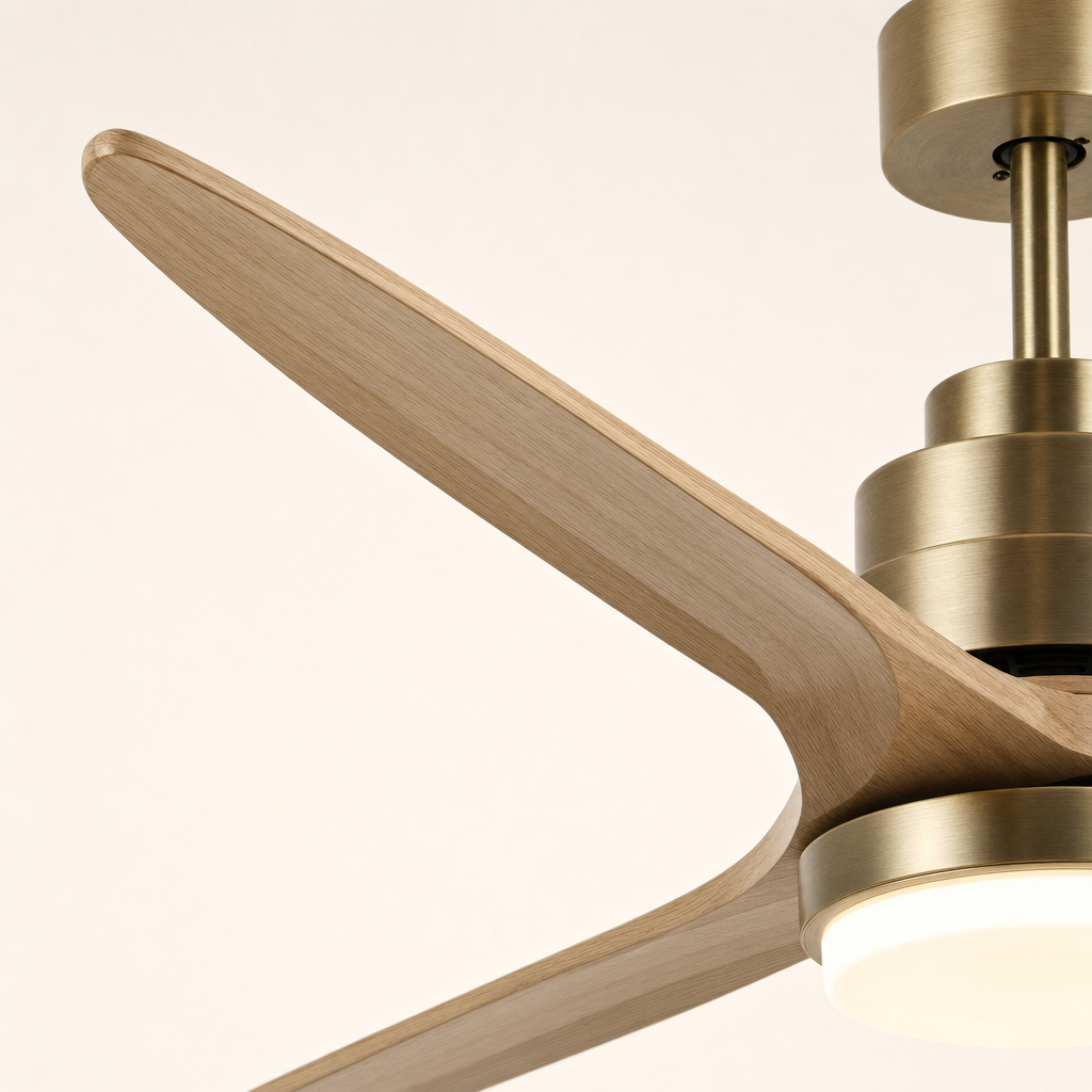 Antique Brass and Natural Wood Ceiling Fan with Light - FAN926-B-01 — blade material edge close-up