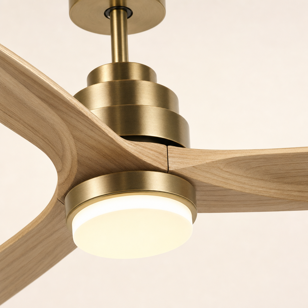 Antique Brass and Natural Wood Ceiling Fan with Light - FAN926-B-01 — housing blade joint close-up