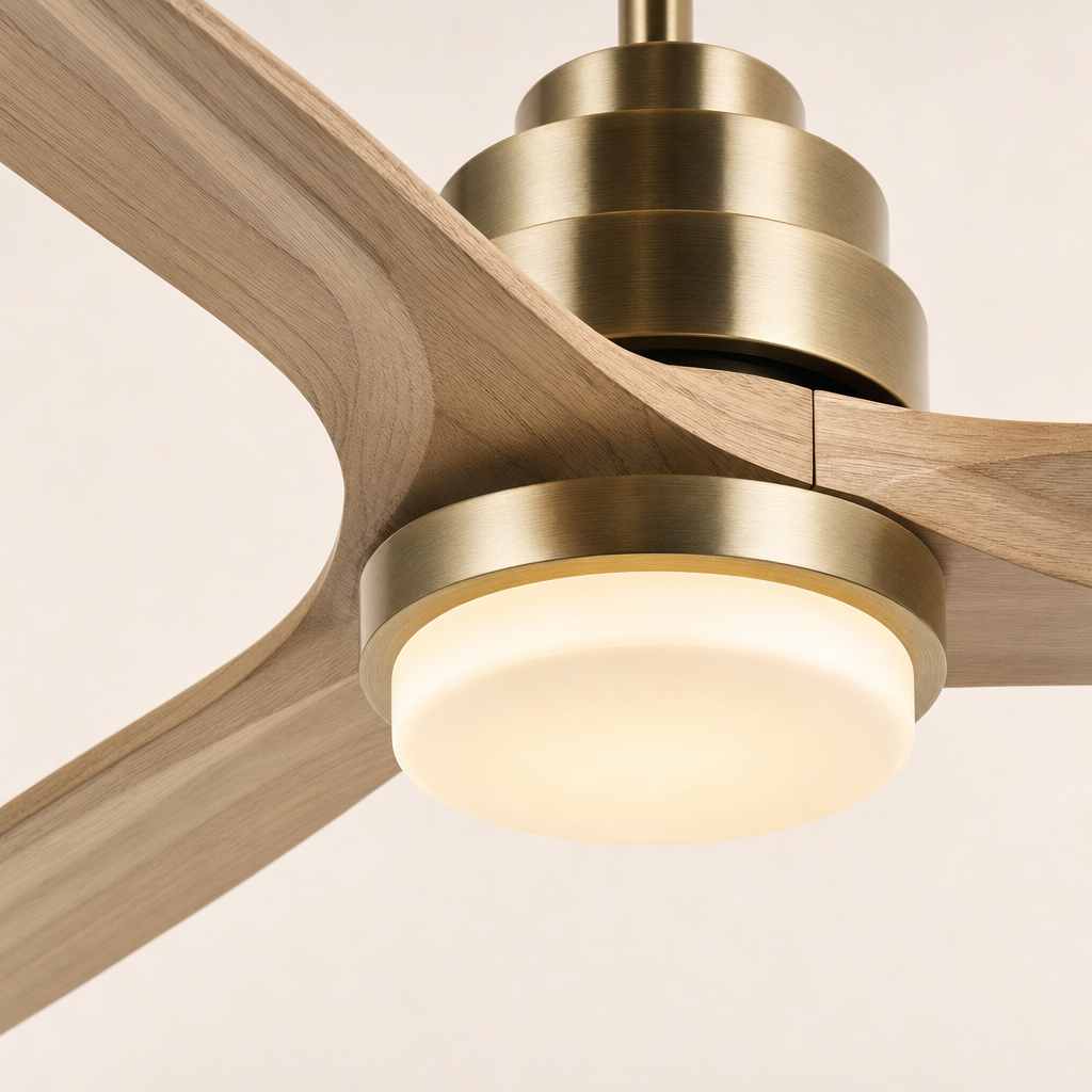 Antique Brass and Natural Wood Ceiling Fan with Light - FAN926-B-01 — light diffuser trim close-up