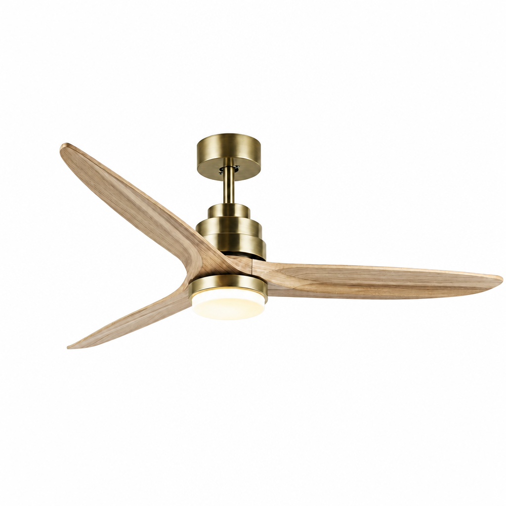 Antique Brass and Natural Wood Ceiling Fan with Light - FAN926-B-01 — exact product on a seamless pure white background
