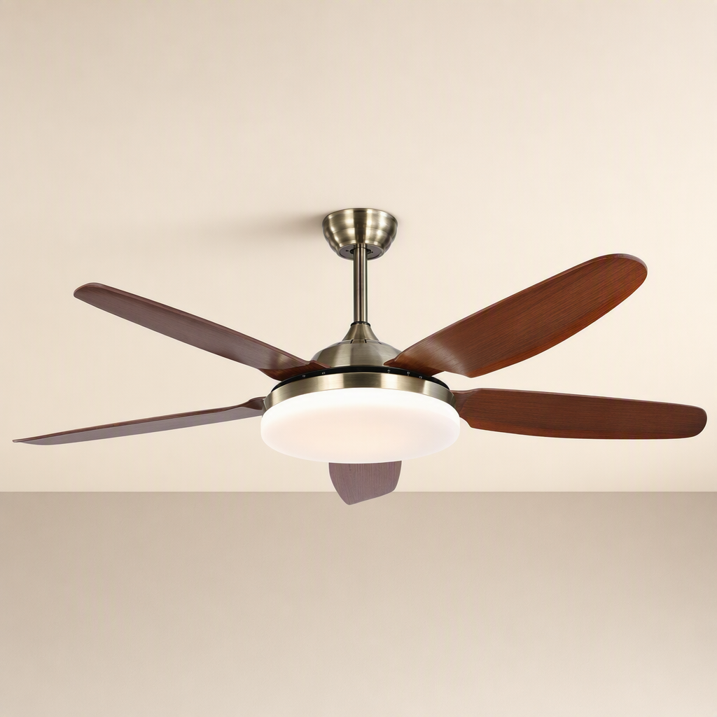 Antique Brass Traditional Ceiling Fan with Light - FAN927-A-01 — Antique Brass + Mixed Walnut Blades clean installed product view on a warm neutral ceiling background