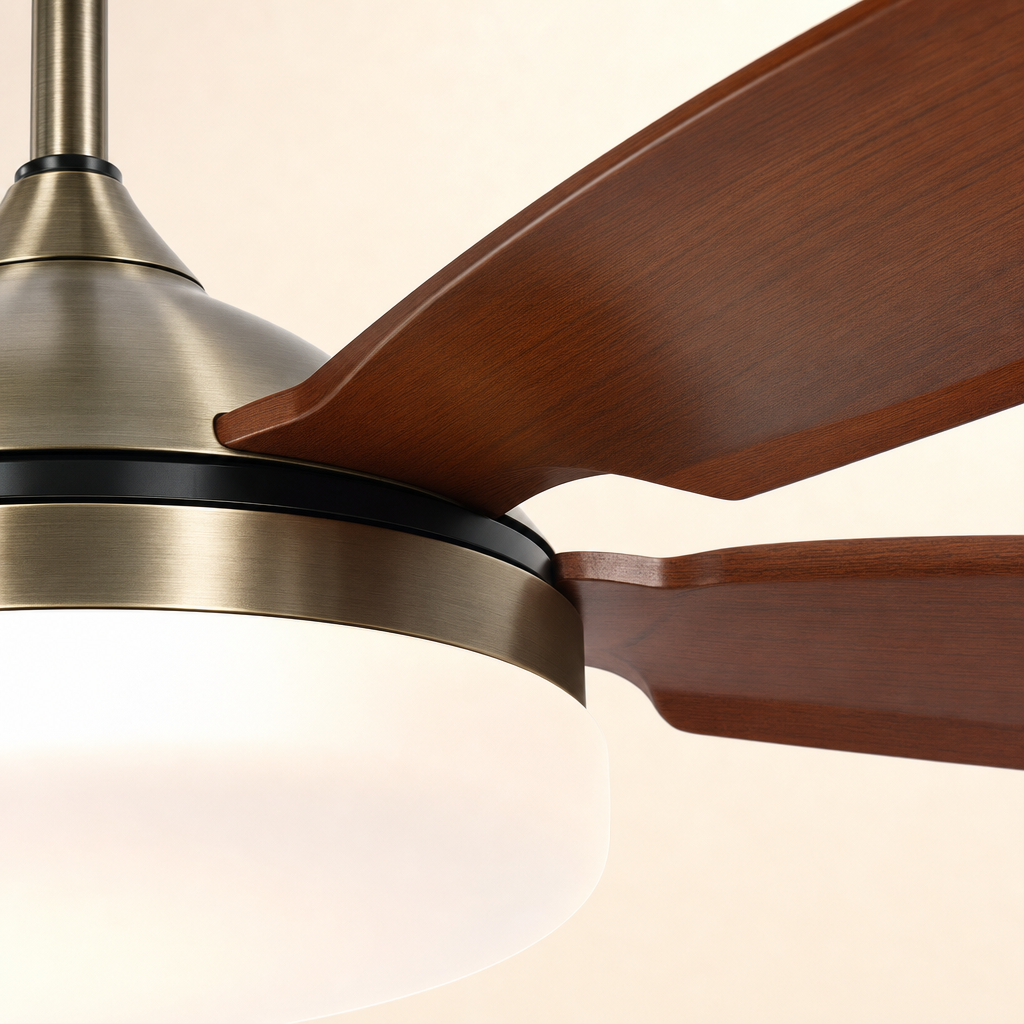 Antique Brass Traditional Ceiling Fan with Light - FAN927-A-01 — housing blade joint close-up