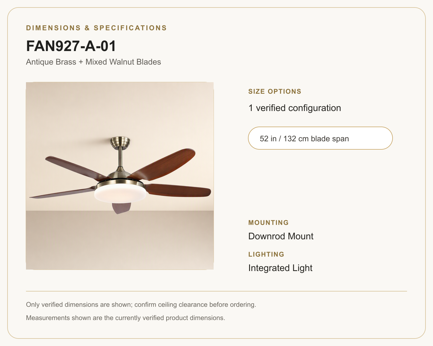 FAN927-A-01 ceiling fan dimensions and specifications