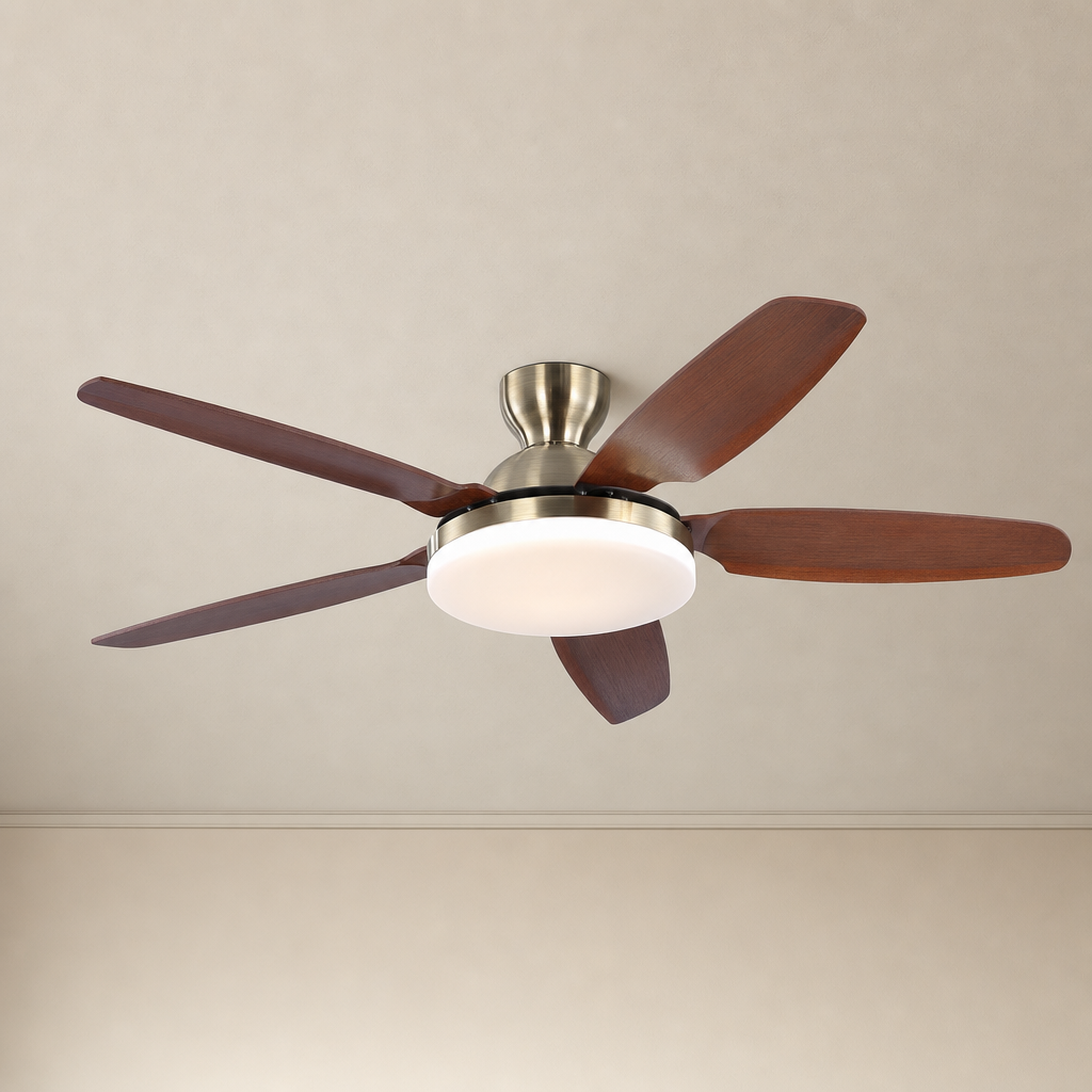 Antique Brass Bowl-Light Ceiling Fan - FAN927-B-01 — Antique Brass + Mixed Walnut Blades clean installed product view on a warm neutral ceiling background
