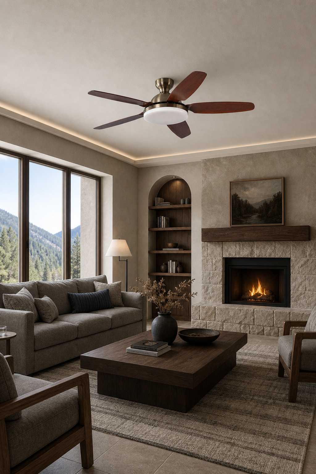 Antique Brass Bowl-Light Ceiling Fan - FAN927-B-01 — mountain great room room scene